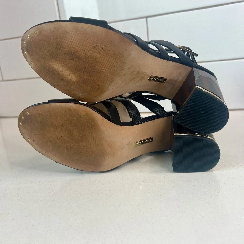 Louise et Cie Lo-Vira black leather sandals, tortoise color block heel - Picture 11 of 15